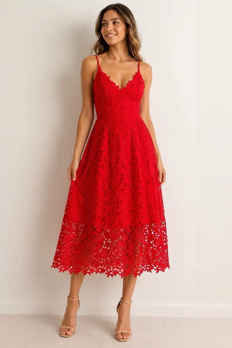 ASTR The Label XL Red Crochet Lace Midi Dress Spaghetti Strap Fit Flare Formal